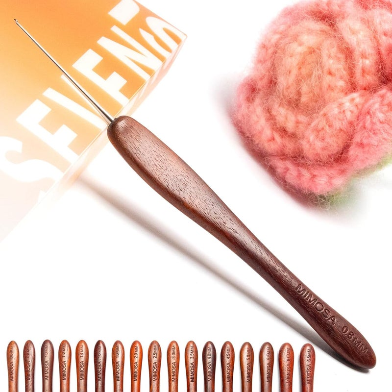 sevensun Mimosa 0.8mm Single Crochet Hook, Available in 0.6mm-6.5mm, Ergonomic Hand Polished Stainless Steel Inline Pointy Wood Handle Crochet Hook for Arthritic Hands, Mother's Day Gifts for Mom - Image 1